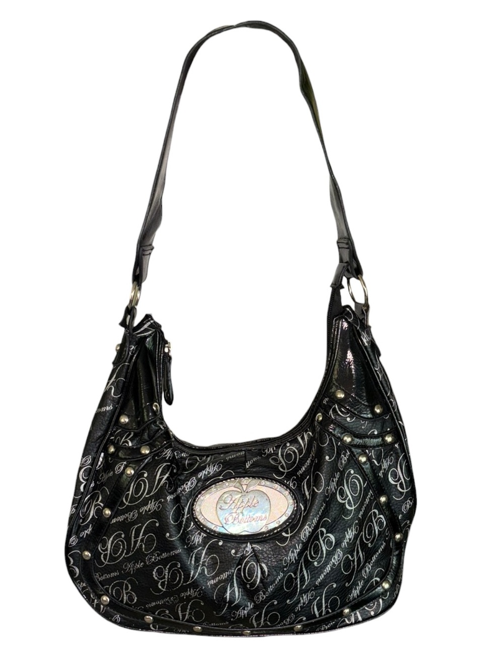 Apple Bottoms Y2K Black Logo Rhinestone Studded Shoulder Hobo Bag